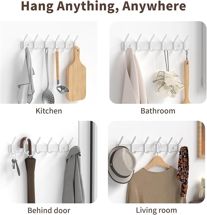 GWAAZXGZ Coat Rack Wall Mount Hooks - 15 Inch Matte White Metal 6-Hook Organizer Wall Mounted, Modern Kids Room, Entryway & Bathroom Hanger for Beach Towels, Coats, Purses, Bags (2 Pack)