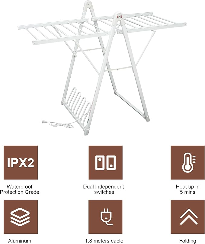 Electric Heating Clothes Drying Rack,Foldable Clothes Drying Rack,Suitable for Drying Clothes, Shoes and Socks.Plug & Play,Space Gray,Aluminum Alloy (White, 1 Tiers)
