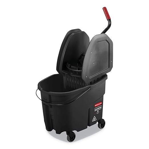 Rubbermaid Commercial Products WaveBrake 35 QT Down-Press Mop Bucket and Wringer Combo on Wheels with Dirty Water Bucket Black for Heavy-Duty Floor Cleaning