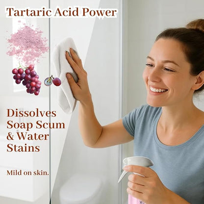 Bathroom Cleaner Starter Kit – Tartaric Acid (Milder than Citric) – Rich Foam Spray Clings to Grime – For Hard Water Stains on Shower Glass, Mirrors, Tile & Tub – Bottle + 3 Refills