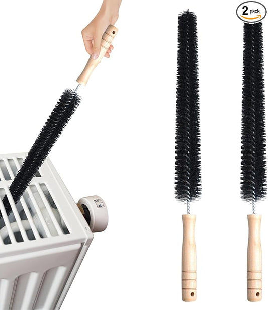 2Pcs Radiator Brush, Dryer Cleaner Vent Brush, 40cm Long Flexible Refrigerator Coil Cleaning Brush, with Wooden Handle, Slim Radiator Duster Brush, Vent Cleaner Brushes(Black)