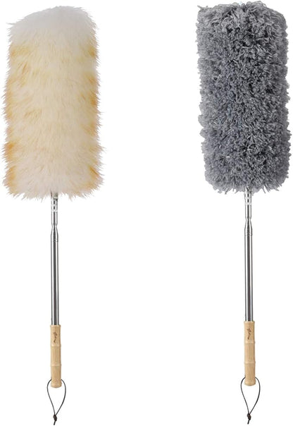 Midoneat Lambswool and Microfiber Duster, 2 Counts, Long Reach/Extendable Duster Up to 86" for Cleaning High Ceiling Fan, Interior Roof, Cobweb, Keyboard, Furniture