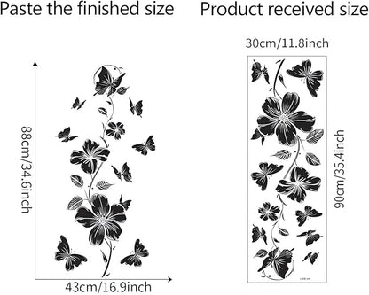 Black Flower Butterfly Vine Wall Stickers, sacinora Simplicity Floral Art Wall Decals Removable Vinyl Peel and Stick for Bedroom Kitchen Cabinet Nursery Home Decorations