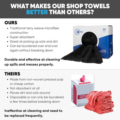 Black Microfiber Shop Towels | MWipes Reusable Shop Rags | 50 Rags in a Box | Super Absorbent, Machine Washable Hundreds of Times | Automotive, Paint, Industrial, Detailing