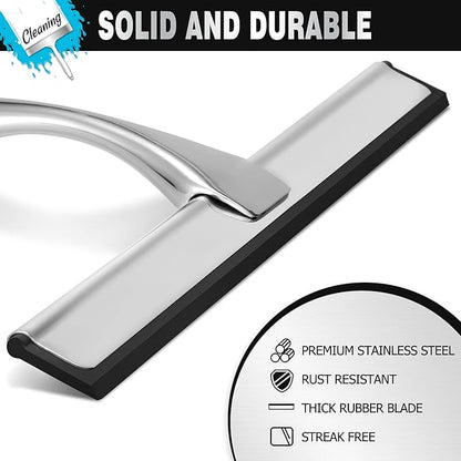 NETANY Shower Squeegee, 12-Inch Silver Squeegee, All-Purpose Stainless Steel Squeegee for Bathroom, Shower Doors, Mirrors, Tiles and Car Windows - 100% Streak Free