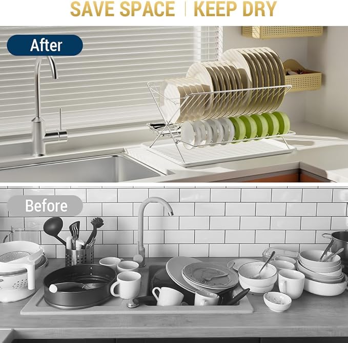 Over The Sink Dish Drying Rack, Collapsible 3 Tier Dish Racks for Kitchen Counter, Large Capacity Stainless Steel Dish Drainer with Utensil Holder and Drainboard (Upgraded)