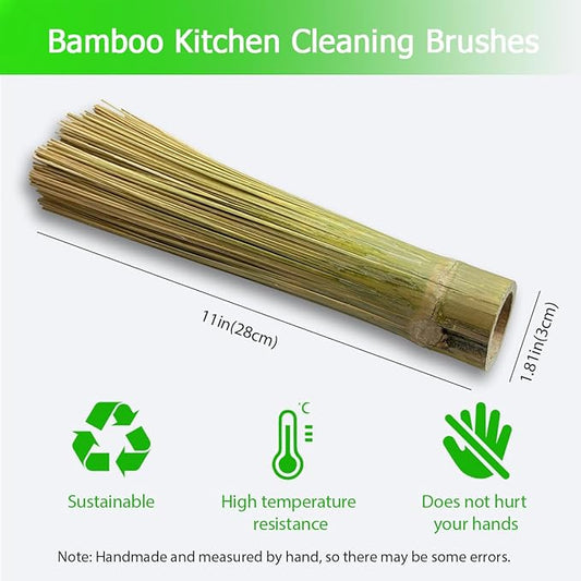 2-Pack Natural Bamboo Cleaning Brush Set Heavy Duty Wok Scrubber for Cast Iron Pans, BBQ Grills & Pots Stubborn Stain Remover, Kitchen Scrub Brush