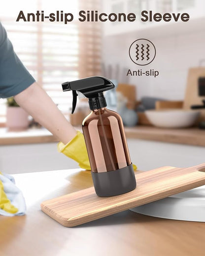 Bontip Glass Spray Bottle with Silicone Sleeve Protection, Amber Glass Spray Bottle Set for Window Cleaner Aromatherapy Facial Hydration Watering Flowers Hair Care 2 Pack/16 oz (Grey, 16 oz)
