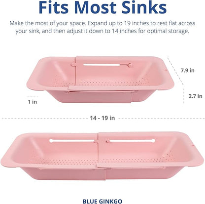 BLUE GINKGO Over the Sink Colander Strainer Basket - Wash Vegetables and Fruits, Drain Cooked Pasta and Dry Dishes - Extendable - New Home Kitchen Essentials (Pink, 2 Pack)