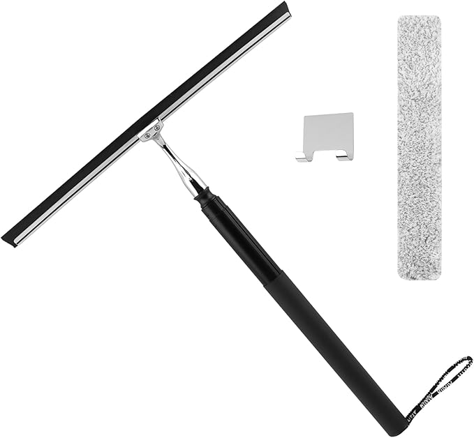 Shower Squeegee with Long Handle and Adhesive Hook, 16.93" to 59.84" Telescopic Squeegee for Window Cleaning, Bathroom Cleaner Window Cleaning Tool for Mirror, Glass, Ceramic Tile(Color:Black)