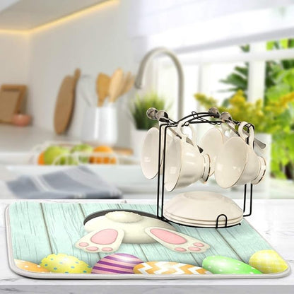 Happy Easter Eggs Bunny Tail Dish Drying Mat 18x24 for Kitchen Easter Day Rabbit Flowers Dishes Pad Dish Drainer Rack Mats Absorbent Fast Dry Kitchen Accessories