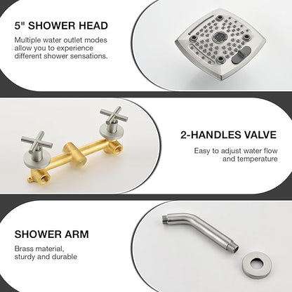 2 Handle Shower Faucet Set 6-Spray Shower Head and Handle Set Shower Trim Kit with Rough-in Valve Bathroom Shower Faucet Valve Trim Kit Brushed Nickel