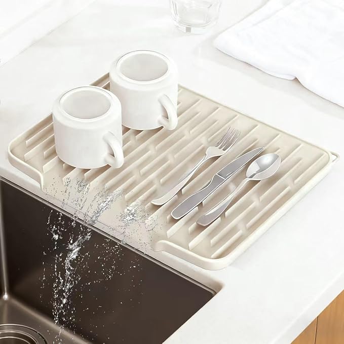 Silicone Kitchen Countertop Dish Drying Mat with Water Collection Tray Non-Slip Pad(Beige)