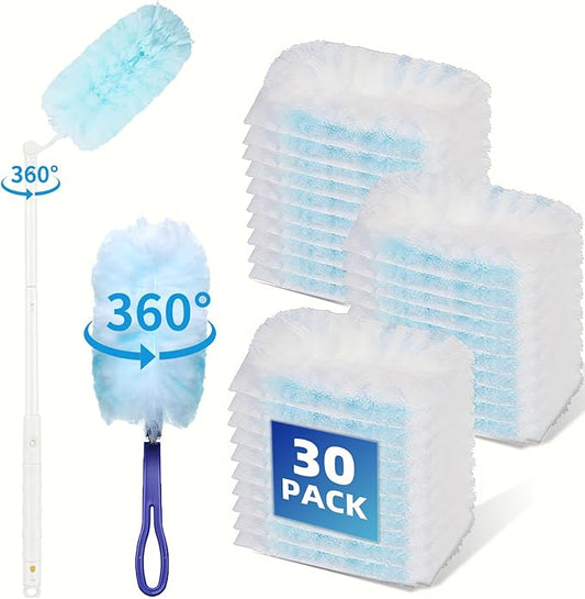 30-Pack Duster Refills Compatible for Swiffer Duster, 360° Heavy Duty Dusting Kit with 1 Extended Handle and 1 Short Handle, Multi-Surface Cleaning Kit for Blinds Bookshelf Furniture Ceiling Fans