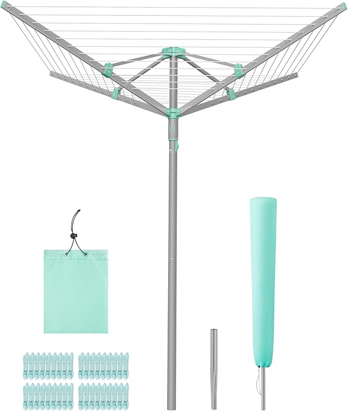 SONGMICS Umbrella Clothesline, Rotary Washing Line, Foldable Heavy-Duty Outdoor Clothes Drying Rack with Clips, Cover, Ground Anchor, 147.6 ft (45 m) Long for 4 Loads of Laundry, Silver ULLR306EZ01