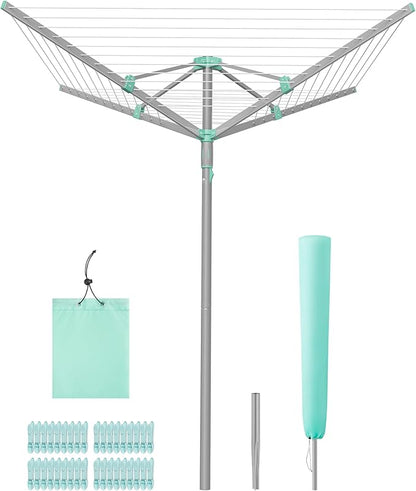 SONGMICS Umbrella Clothesline, Rotary Washing Line, Foldable Heavy-Duty Outdoor Clothes Drying Rack with Clips, Cover, Ground Anchor, 147.6 ft (45 m) Long for 4 Loads of Laundry, Silver ULLR306EZ01