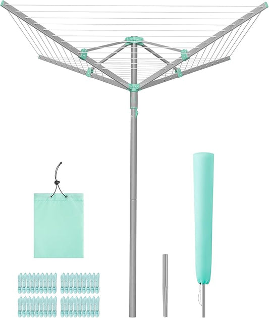 SONGMICS Umbrella Clothesline, Rotary Washing Line, Foldable Heavy-Duty Outdoor Clothes Drying Rack with Clips, Cover, Ground Anchor, 147.6 ft (45 m) Long for 4 Loads of Laundry, Silver ULLR306EZ01