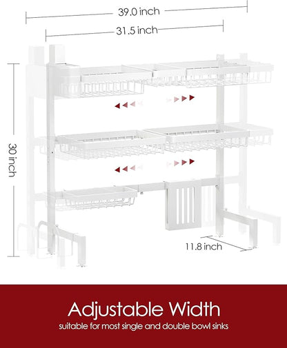 Sakugi Dish Drying Rack - Over The Sink Dish Drainer Drying Rack with Utensil & Knife Holder, Hooks, Stainless Steel Kitchen Organizers and Storage Solution, 11.8" D x 31.5"~39.0''W x 30" H, White