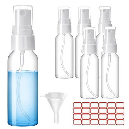 Zoizocp Spray Bottles, 2.7oz/80ml Clear Empty Fine Mist Plastic Mini Travel Bottle Set, Small Refillable Liquid Containers with 2pcs Funnels and 24pcs Labels (6 Pack)