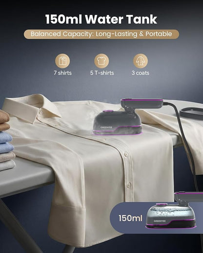 Travel Steamer Iron for Clothes, Portable Handheld Garment Steamer with 6 Smart Modes, Strong Penetrating Steam, 180° Rotatable Handle, 150ml Large Tank for Home & Travel (Light Gray)