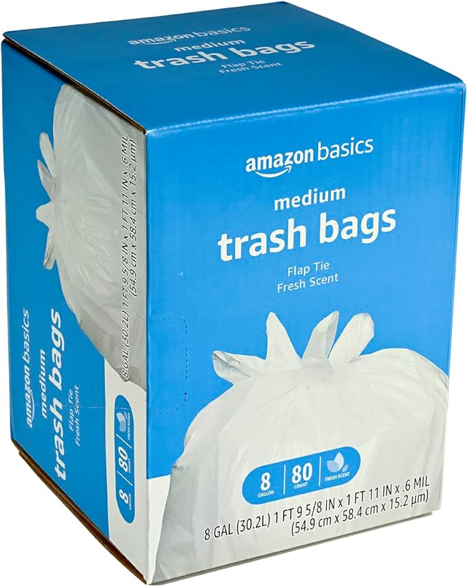 Amazon Basics 8 Gallon Flap Tie Trash Bags Fresh Scent, 80 Count (Pack of 3)
