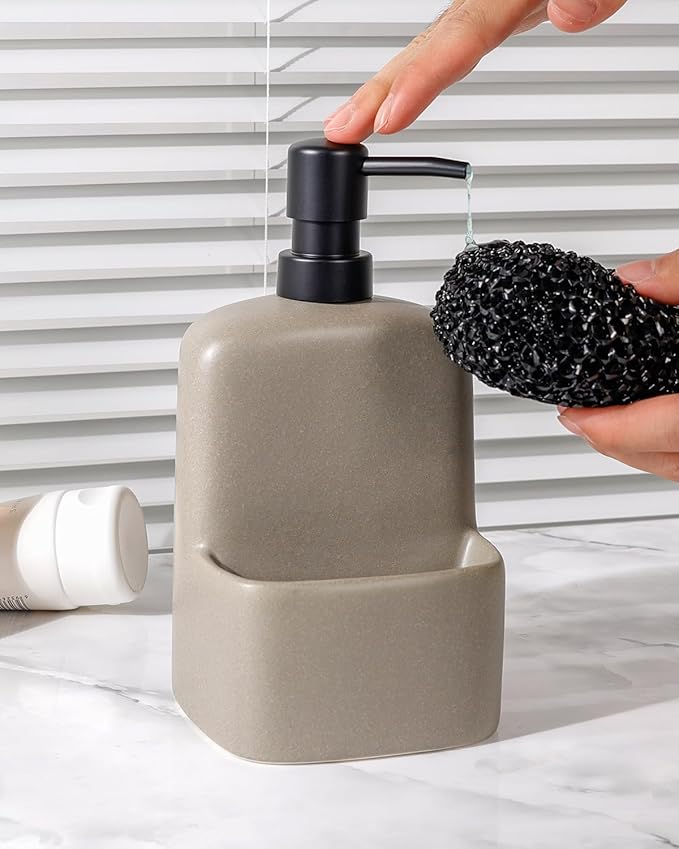 BosilunLife Dish Soap Dispenser - Matte Silver Grey Ceramic Kitchen Soap Dispenser with Sponge Holder Matte Ceramic Soap Daddy Dispenser 20oz for Kitchen Soap Pump and Sponges Caddy