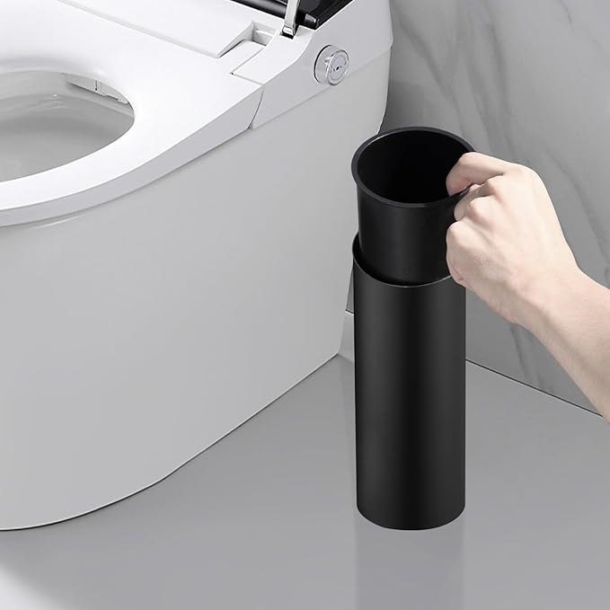 Freestanding Toilet Bowl Brush and Holder - Black Toilet Brush Round Metal, Stainless Steel Toilet Brush Set with Removable Inner Bucket and Splash Guard Cover - Dense bristles (with Brush Handle)