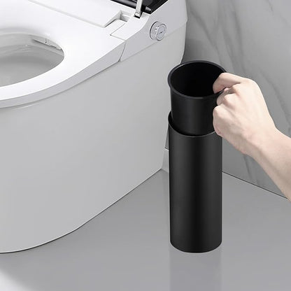 Freestanding Toilet Bowl Brush and Holder - Black Toilet Brush Round Metal, Stainless Steel Toilet Brush Set with Removable Inner Bucket and Splash Guard Cover - Dense bristles (with Brush Handle)