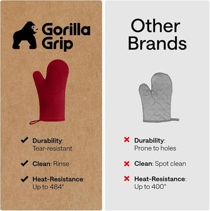 GORILLA GRIP BPA-Free Soft Silicone Oven Mitts, Heat Resistant and Waterproof Cooking Safety Gloves, Thick Cotton Lining, Flexible Gripping, Kitchen Potholders Set, for Grilling, BBQ, 12.5x8.3, Red