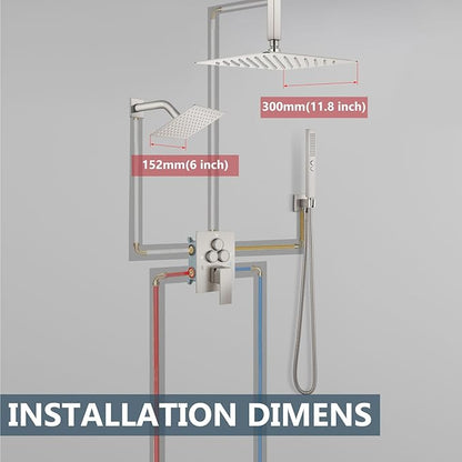Aolemi Shower Faucet Set Ceiling Mount Shower System Rough-in Valve and Shower Trim Kit 2 in 1 Handheld Spray Push Button Diverter 12 and 6 Inch Dual Shower Head Brushed Nickel