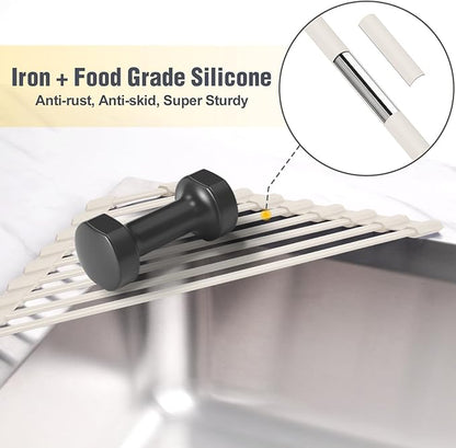 Tomorotec Compact Silicone-Coated Triangle Dish Drying Rack for Sink Corner - Foldable Stainless Steel Over-The-Sink Organizer and Storage Shelf(Cream Color)