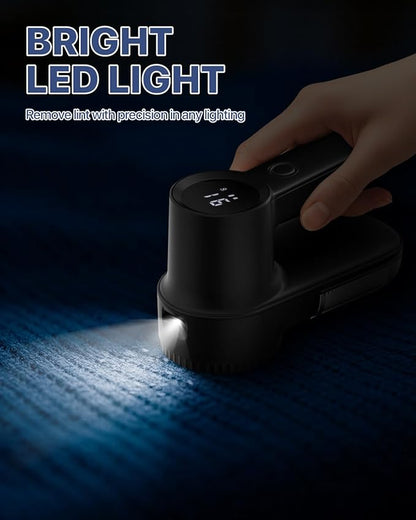 Rechargeable Fabric Shaver Lint Remover : 3-Speeds Sweater Shaver with LED Display & LED Light, Electric Lint Shaver for Clothing & Furniture, 3 Extra Blades, Type-C Fast Charging Port - Black