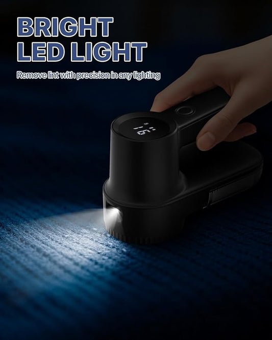 Rechargeable Fabric Shaver Lint Remover : 3-Speeds Sweater Shaver with LED Display & LED Light, Electric Lint Shaver for Clothing & Furniture, 3 Extra Blades, Type-C Fast Charging Port - Black