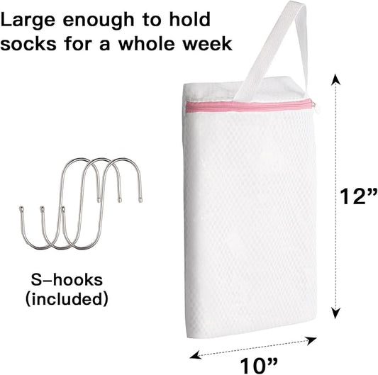 3 PACK Hanging Mesh Laundry Bags with S Metal Hooks,10x12 Inch Hanging Socks Laundry Bags, for Washing Machine