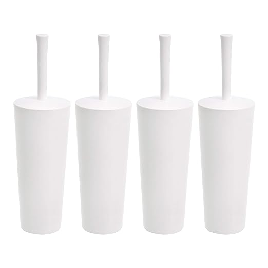 Amazon Basics Toilet Brush and Holder Set, Heavy-Duty Bristle Scrub Brushes with Non-Slip Handle, White, 4-Pack