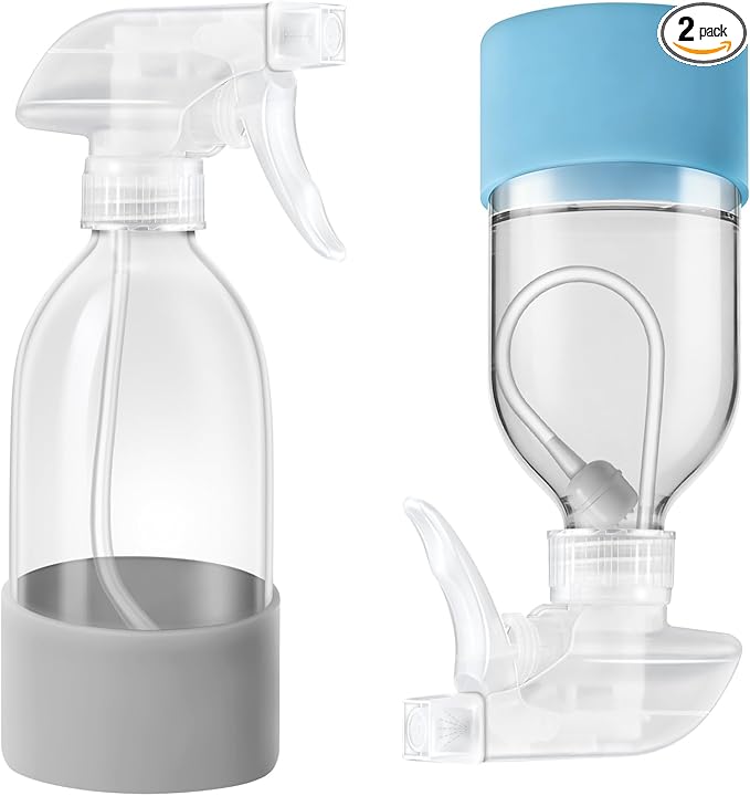 Tecohouse 2 Pack 360° Glass Spray Bottles with Silicone Sleeve, 8 oz Clear Empty Refillable Containers with Adjustable Spray Nozzles, Dark Spray Bottles for Cleaning Solutions, Plants (Blue & Grey)