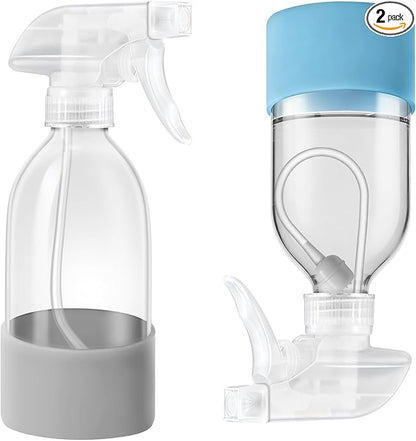 Tecohouse 2 Pack 360° Glass Spray Bottles with Silicone Sleeve, 8 oz Clear Empty Refillable Containers with Adjustable Spray Nozzles, Dark Spray Bottles for Cleaning Solutions, Plants (Blue & Grey)