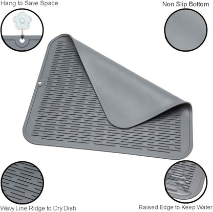 ZLR 2 Pcs Large Silicone Dish Drying Mat (16" x 18") - XL Heavy Duty Drainboard Mat for Pots, Pans & Family Loads - Heat Resistant Trivet & Counter Protector, Easy Clean (Dark Gray)