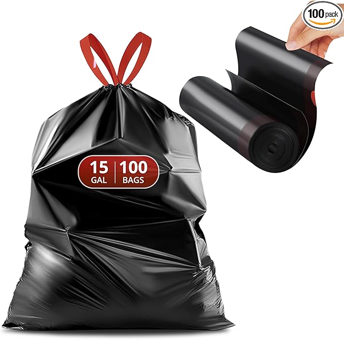 Pre-Separated Drawstring Trash Bags for 15 Gallon Trash Cans, 100 Count, Ultra Strong Black Tall Kitchen Garbage Bags, Tear-Free Large Trash Liners for Lawn & Yard