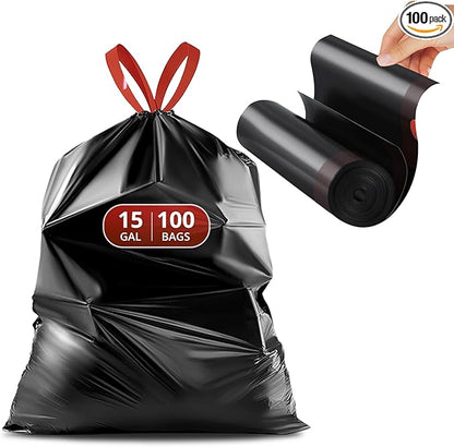Pre-Separated Drawstring Trash Bags for 15 Gallon Trash Cans, 100 Count, Ultra Strong Black Tall Kitchen Garbage Bags, Tear-Free Large Trash Liners for Lawn & Yard