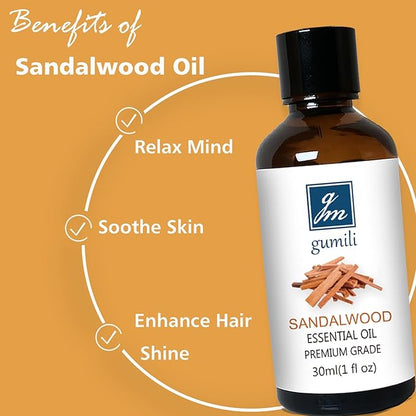GM Gumili Sandalwood Essential Oil, Home Fragrance Oil Scent Oils for Perfume, Diffuser, Skin, Hair, Roll On - 1 Oz
