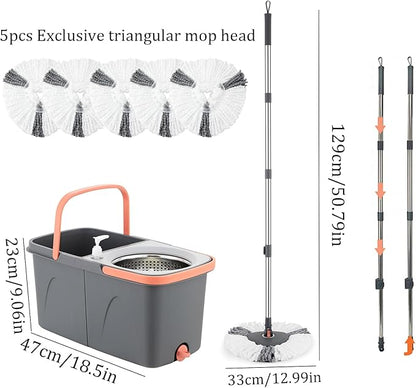 Spin Mop and Detachable Bucket Set with 5 Reusable Microfiber mop Head Dual-Chamber Water System Spining Mop Floor Cleaning Kit for Hardwood Tile Laminate Floors (Gray)