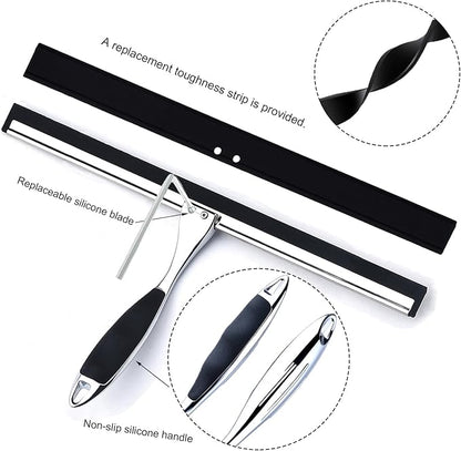 Shower Squeegee, 12 Inch Bathroom Squeegee with Spare Silicone Blade, Shower Door Hook and Adhesive Hook Glass, Stainless Steel Squeegee for Shower Glass Window Bathroom Mirror(12in-Silver-Pack of 1)
