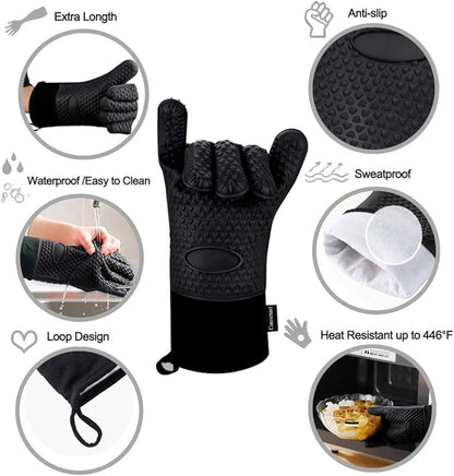 Comsmart BBQ Gloves, Heat Resistant Silicone Grilling Gloves, Long Waterproof BBQ Kitchen Oven Mitts with Inner Cotton Layer for Barbecue, Cooking, Baking, Smoker(Black)