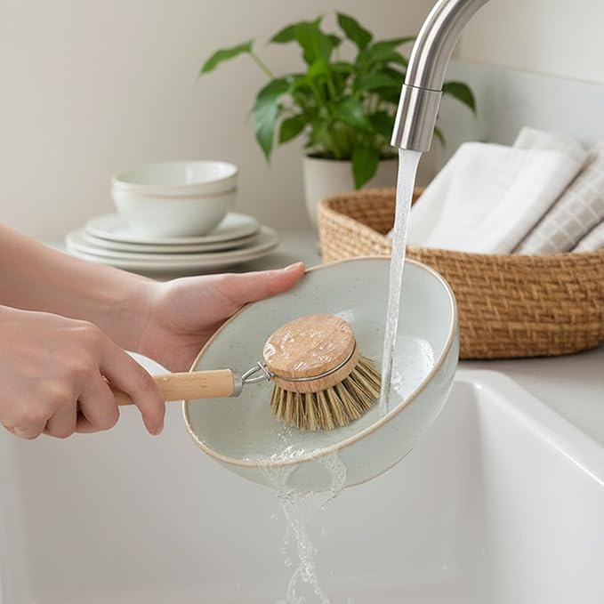 14pcs Dish Brush Replacement Heads Set with 2 Handles, 6 Sisal & 6 Coir Bristle Brush Heads for Kitchen Cleaning – Natural Wooden Scrubbers for Pots, Pans, Dishes – Eco Friendly