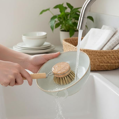 14pcs Dish Brush Replacement Heads Set with 2 Handles, 6 Sisal & 6 Coir Bristle Brush Heads for Kitchen Cleaning – Natural Wooden Scrubbers for Pots, Pans, Dishes – Eco Friendly