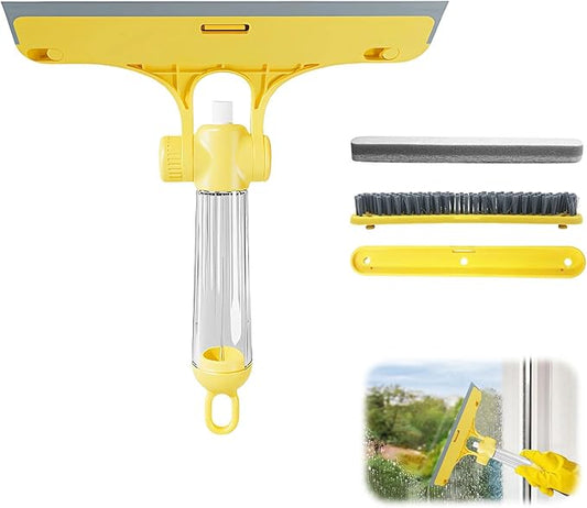 4 in 1 Window Cleaning Scraper Tool Kit, TPR Squeegee with Sprayer Bottle, Multifunctional Window Cleaning Tool, Detachable Brush, for Car, Home, Kitchen Windows (Yellow)