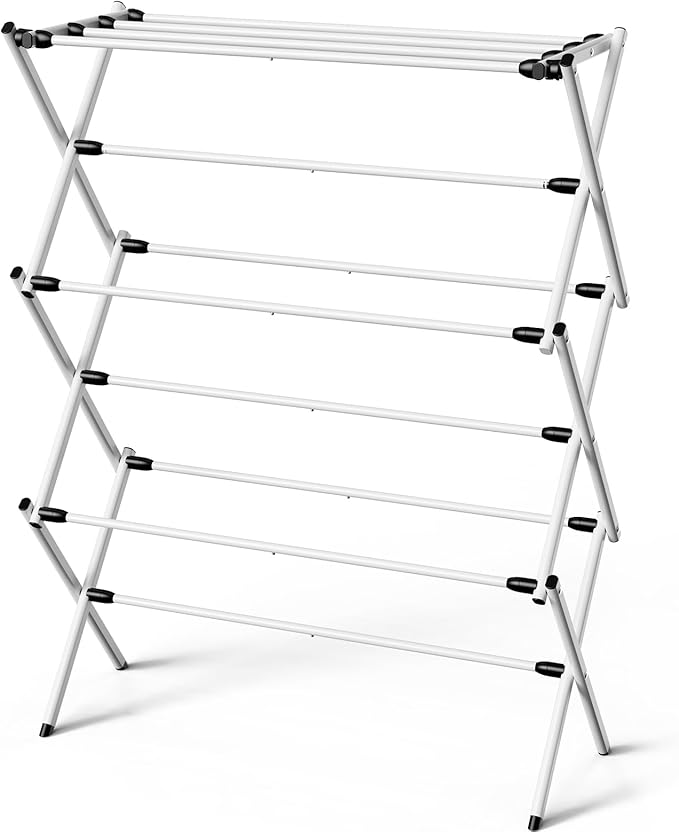 Foldable Clothes Drying Rack – Metal Laundry Drying Rack with Non-Slip Feet, 3-Tier Space-Saving Clothing Rack for Laundry Organization, Indoor & Outdoor Use, 11.4" D x 30" W x 36.6" H, White