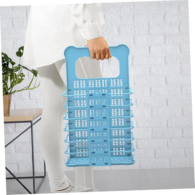 Collapsible Laundry Basket Small Blue Plastic Wall Hanging Laundry Hamper Space Saving Foldable Storage Basket for Bathroom Dirty Clothes Organizer Hollow Design