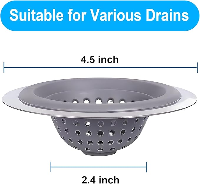2 Pack Kitchen Sink Drain Strainer Silicone Stainless, Drain Protector,Prevent Clogging, Large Wide Rim 4.5 inch Diameter, Tools Home Improvement (Gray)